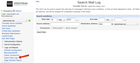 Mail Log durchsuchen mit Virtualmin